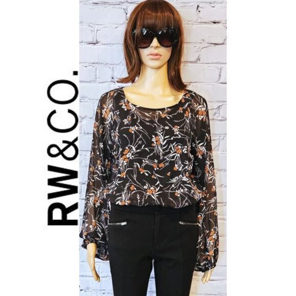 RW&Co. floral print cropped balloon sleeve sheer blouse - Picture 3 of 14